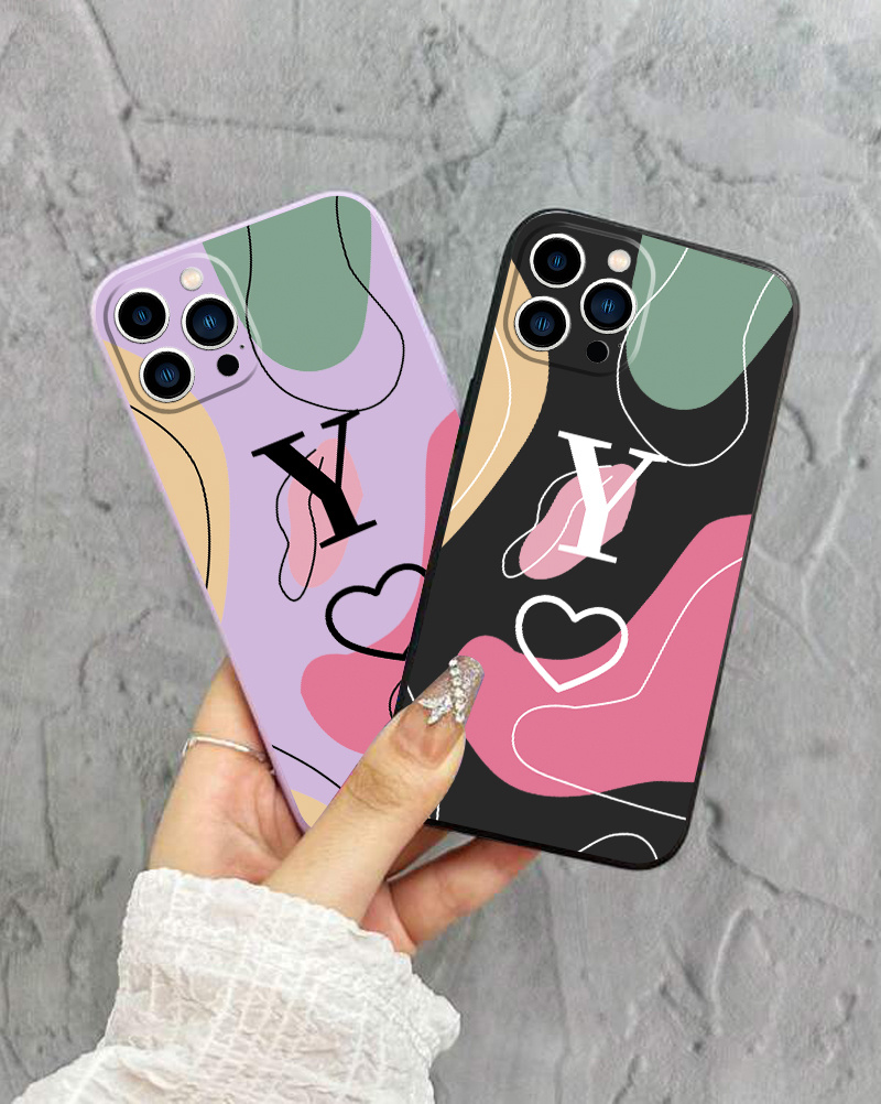 Letter Y & Heart Pattern Phone Case For Iphone 11 12 13 14 Pro Max Mini Xr  Xs X 7 8 Plus Se2020 Shockproof Silicone Phone Cases Gifts Soft Black  Purple Cover - Temu United Arab Emirates