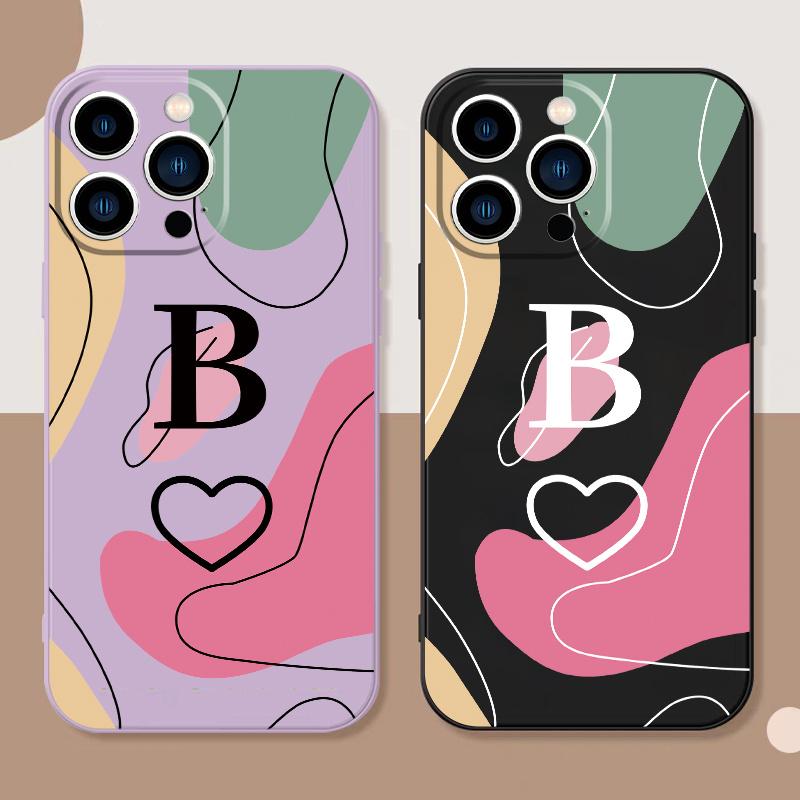 

2pcs Letter B & Heart Pattern Phone Case For Iphone 11 12 13 14 Pro Max Mini Xr Xs X 7 8 Plus Se2020 Shockproof Silicone Phone Cases Gifts Soft Black Purple Cover