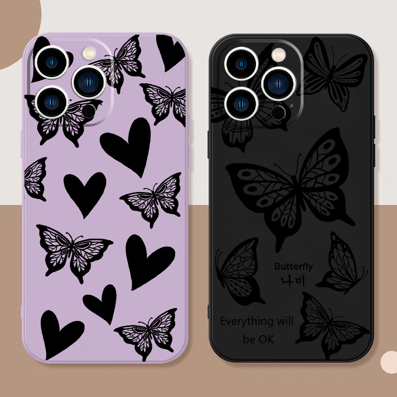 

2pcs Black Butterfly Pattern Phone Case For Iphone 11 12 13 14 Pro Max Mini Xr Xs X 7 8 Plus Se2020 Shockproof Silicone Car Fall Phone Cases Gifts Soft Black Purple Cover