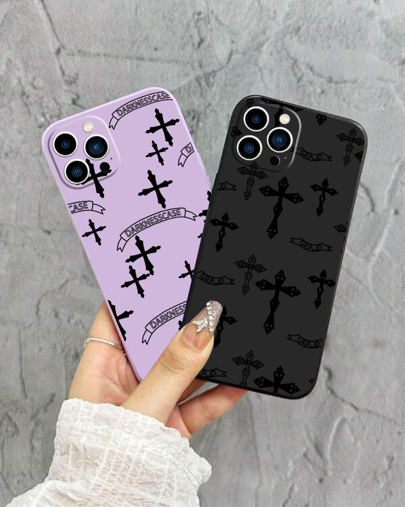 Funda De Silicona Con Cordón Funda Para Teléfono Con Gráfico De Cruz Negra  Con Cordón Para IPhone 11 14 13 12 Pro Max XR XS 7 8 6 Plus Mini Patrón De