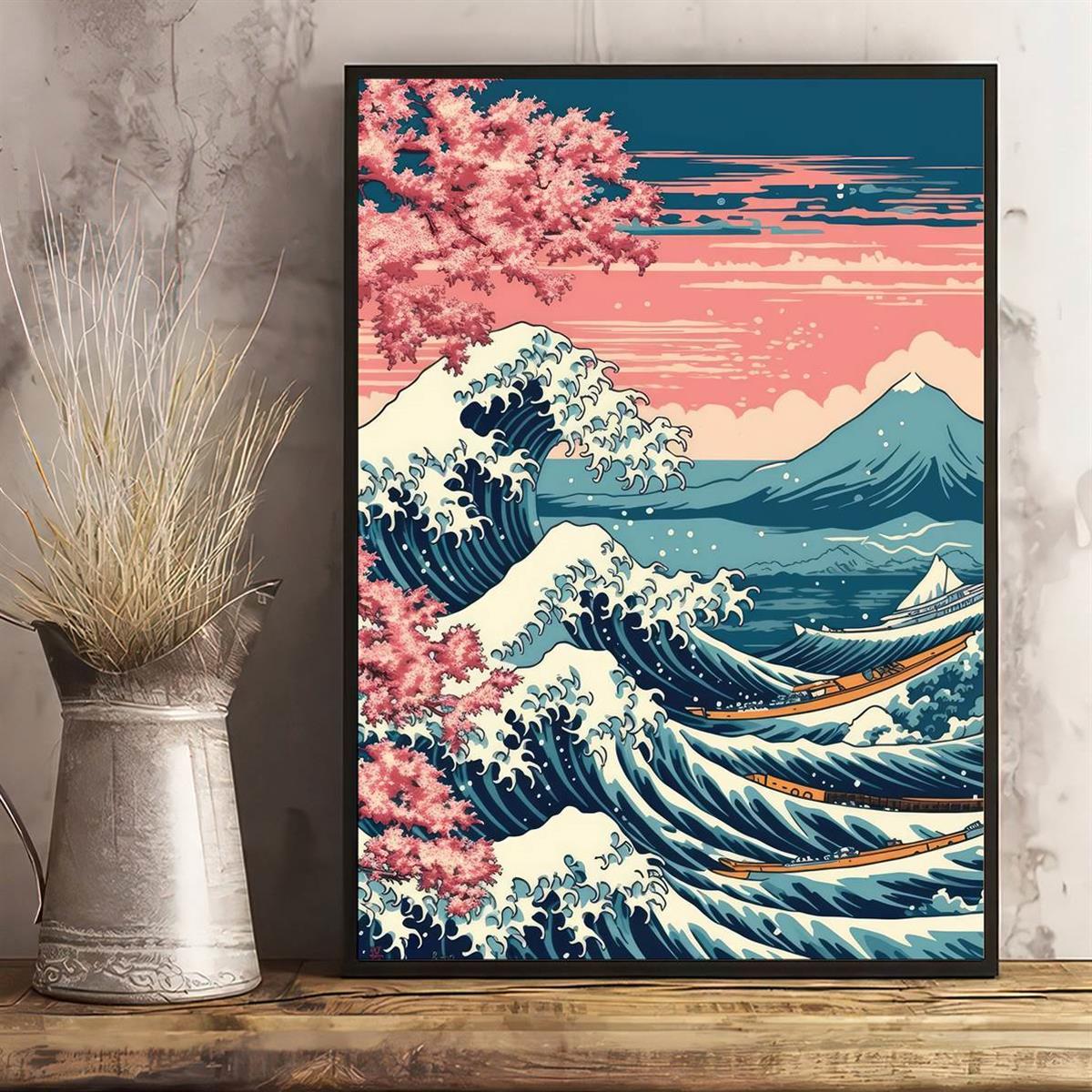 Japanese Great Wave Boats Poster Beautiful Sakura Art Home - Temu Australia