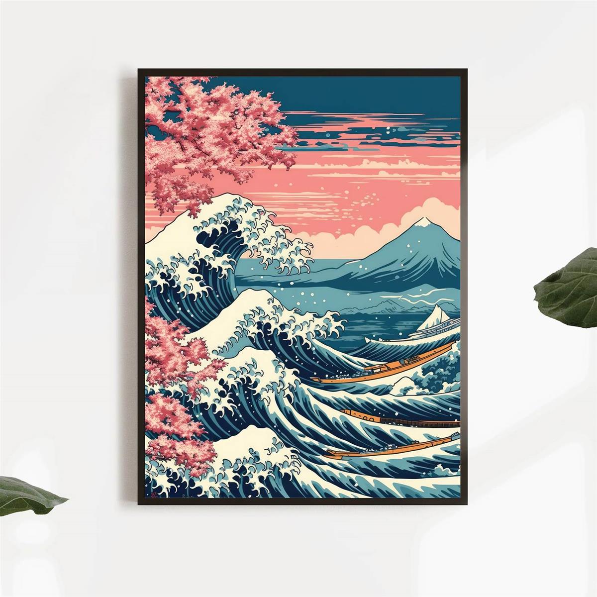 Japanese Great Wave Boats Poster Beautiful Sakura Art Home - Temu Australia