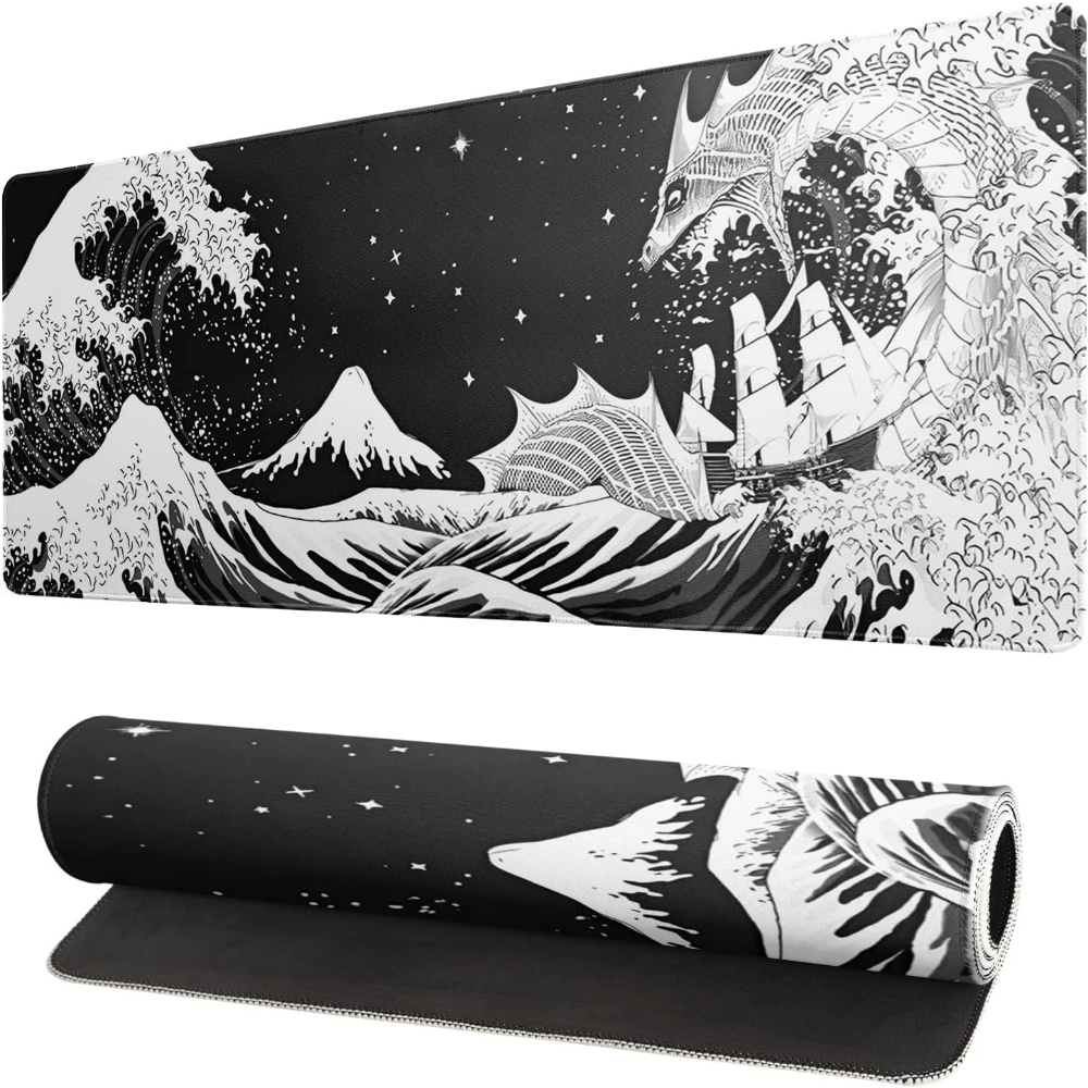 Grand tapis de souris japonais - Motif vague de mer - Noir - 3 mm