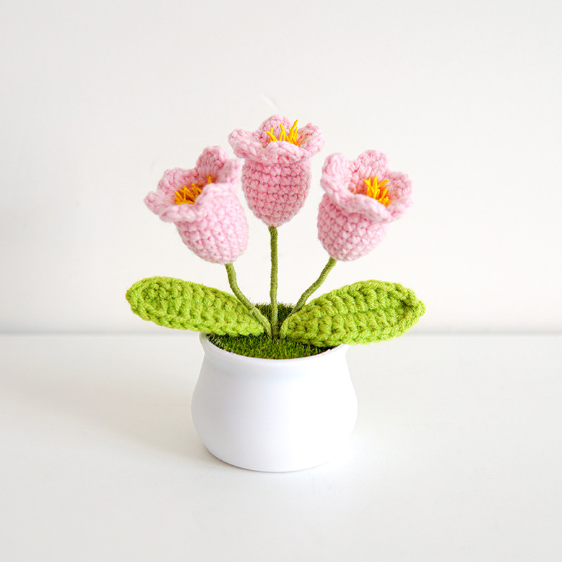 Homemade Knitted Flower Potted Plant Crafts Fake Plants Home Decor  Hand-woven Crochet Potted Handmade Flower Fake Flowers Knit Flower PINK SMALL  FLOWER 