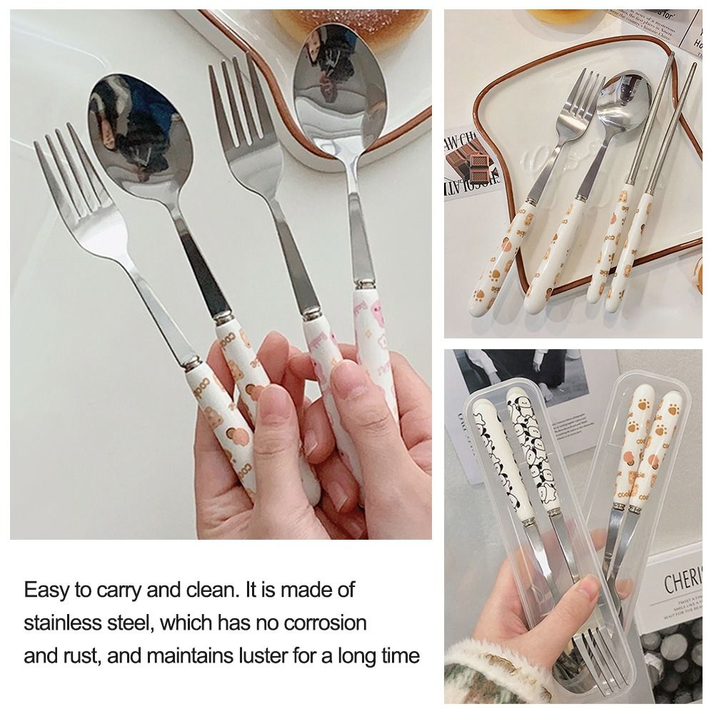 Cute 3pcs Ceramic Stainless Steel Dinner Set Fork Spoon Chopsticks