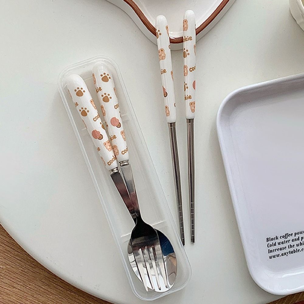 4pcs/set Ceramic Hello Kitty Tableware Spoon Fork Chopsticks Storage Box  Travel