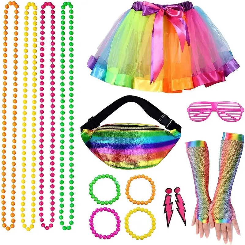 Temu Set, 80s Fancy Party Costume Accessories Set, 1980s Fancy Dress Neon Costume Accessories with Earring Bracelets Bead Necklaces Tutu Skirt Fishnet