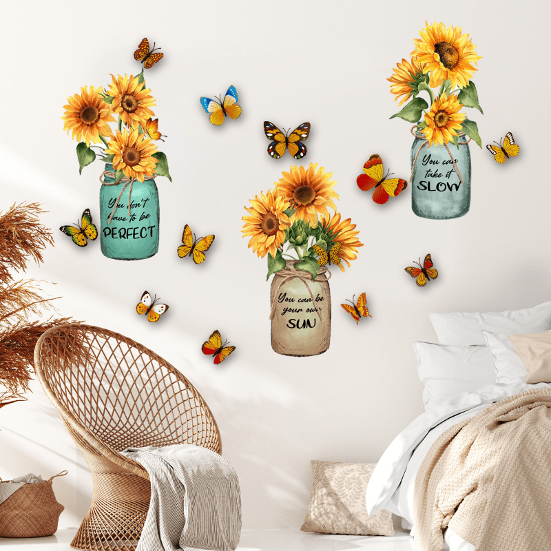 3d Butterfly Decals Vase Sunflower Wall Art Sticker Pvc - Temu