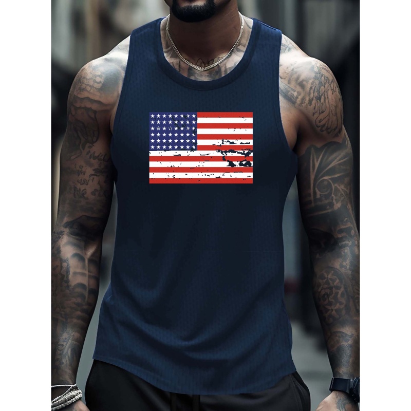 

Plus Size Men's Summer Loose Vest, Sleeveless T-shirts, Stylish "american Flag" Pattern Print For Casual Fitness Training