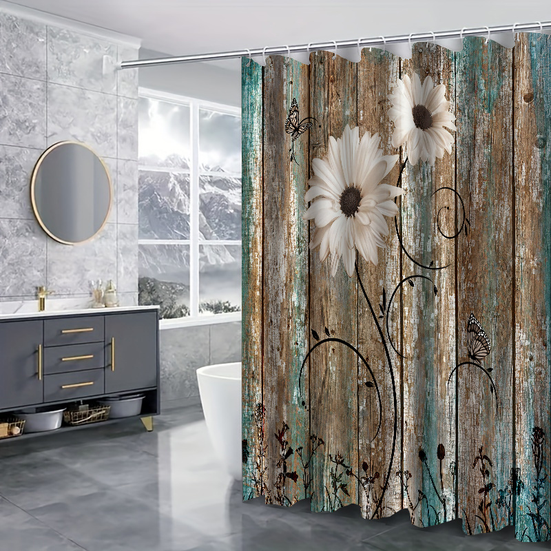 Teal Grey Rustic Shower Curtain Waterproof Bathroom Decor with 12 Hooks 72  In 