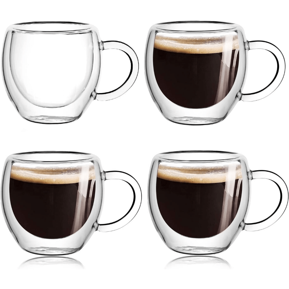 Tazas de café de vidrio de doble pared con asas, tazas de capuchino de  doble pared, 12 onzas de jueg…Ver más Tazas de café de vidrio de doble  pared