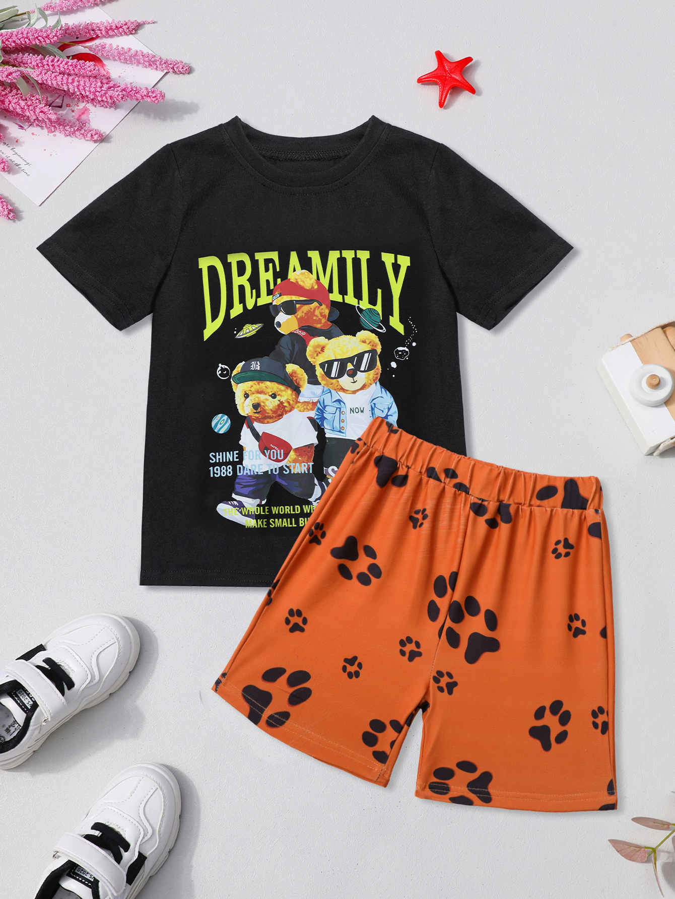 2pcs Baby Boy 100% Cotton Shorts and Cartoon Bear Letter Print Colorblock Short-sleeve T-shirt Set