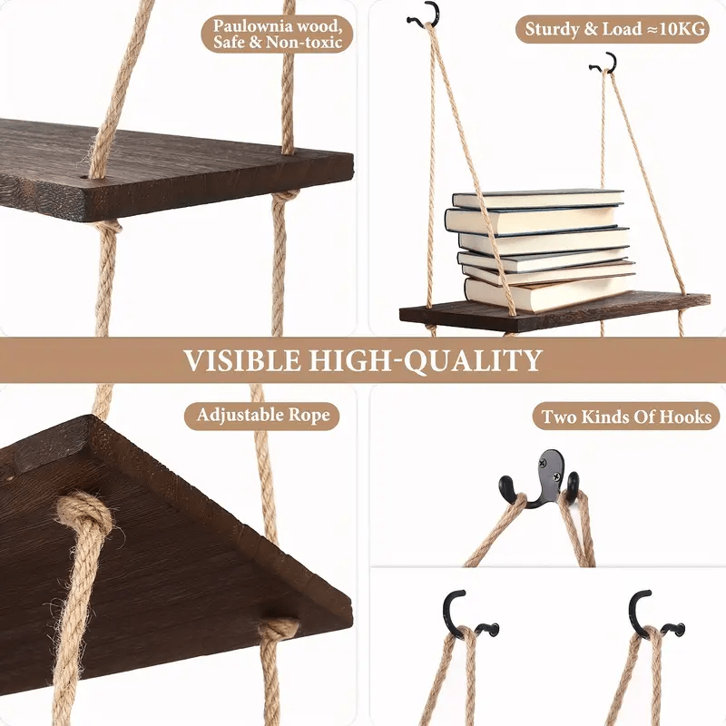 Boho Style Hanging Shelves 2/3 Tier Rustic Wood Floating - Temu