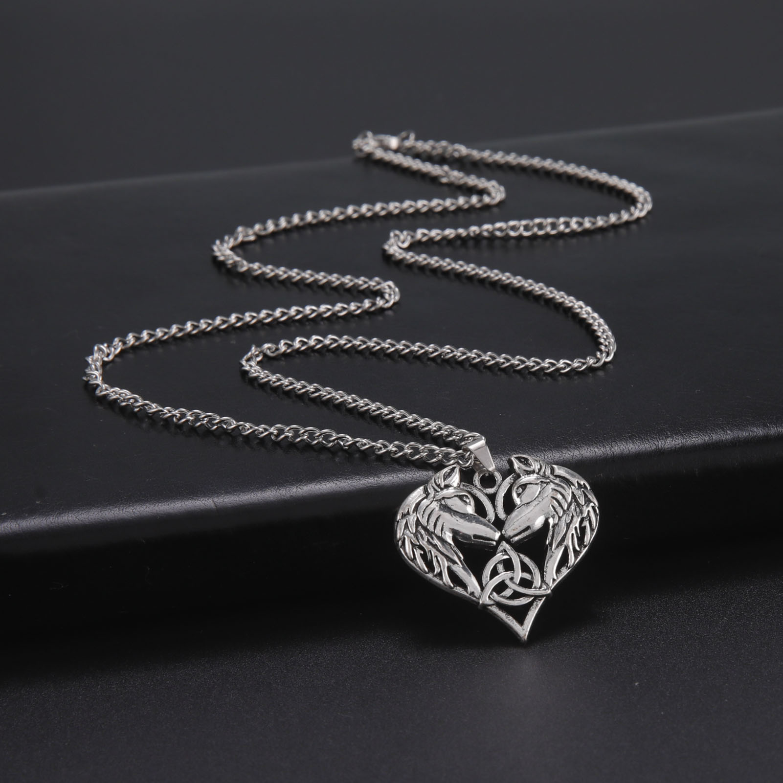 Double Wolf Head Heart Necklace, Animal Irish Knot Viking Vintage