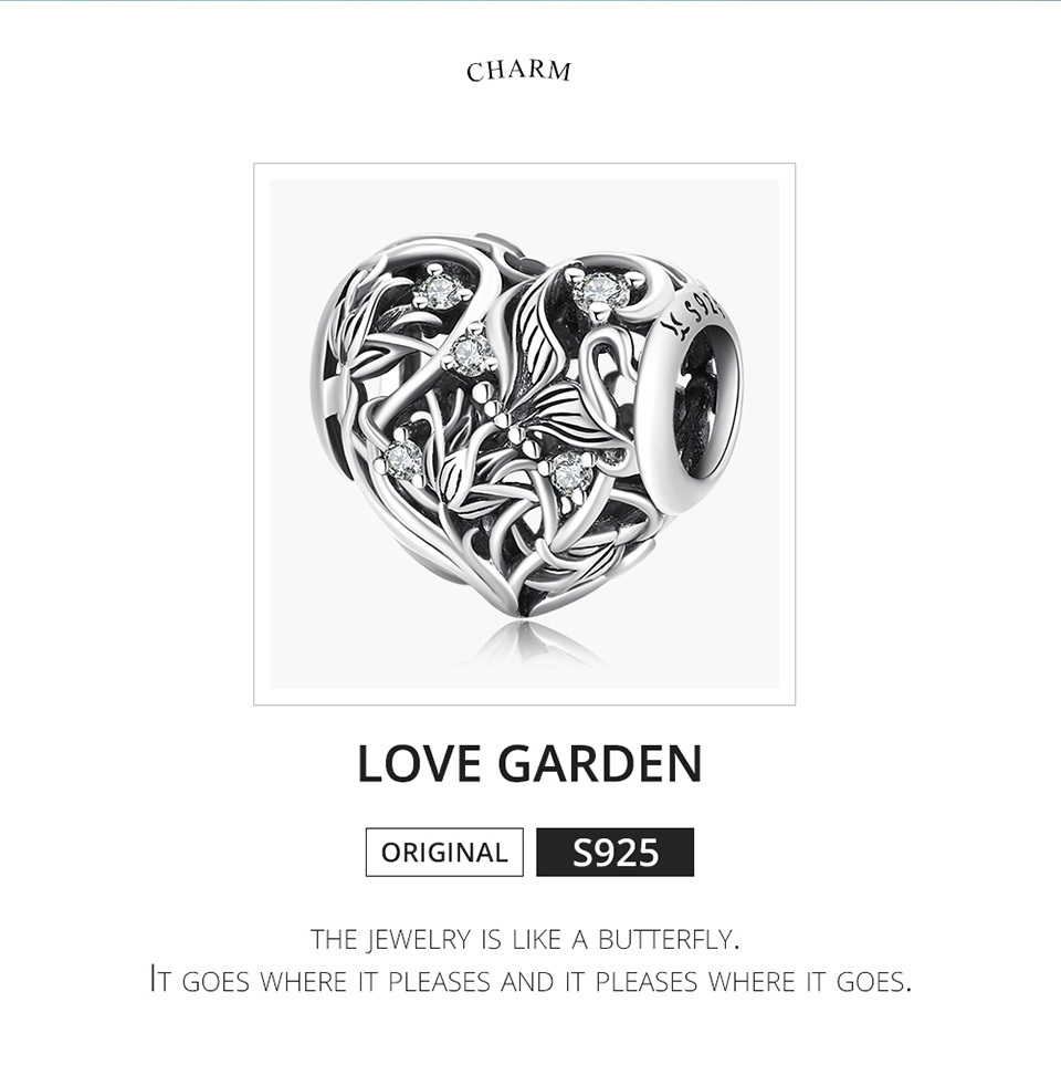 VOROCO 925 Sterling Silver Heart Charm Bead - Engraved Flowers, Trees, Birds, With Zircon Stones