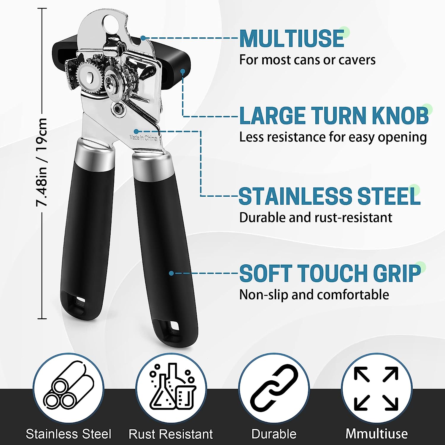 Heavy Duty Stainless Steel Smooth Edge Manual Hand Held Can Opener With  Soft Touch Handle, Rust Proof Oversized Handheld Easy Turn Knob, Kitchen  Accessories, Home Kitchen Items-Grey