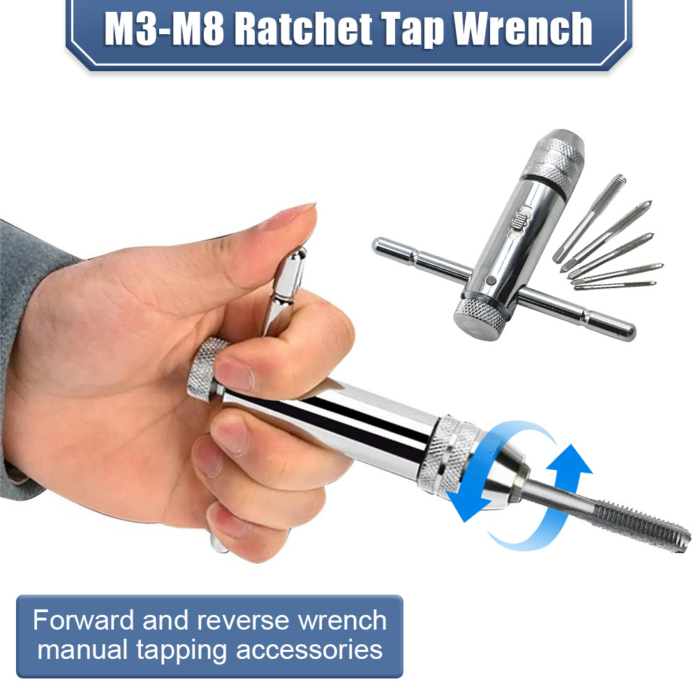 5pcs Adjustable Silver T-handle Ratchet Tap Wrench Set M3-m8 3mm