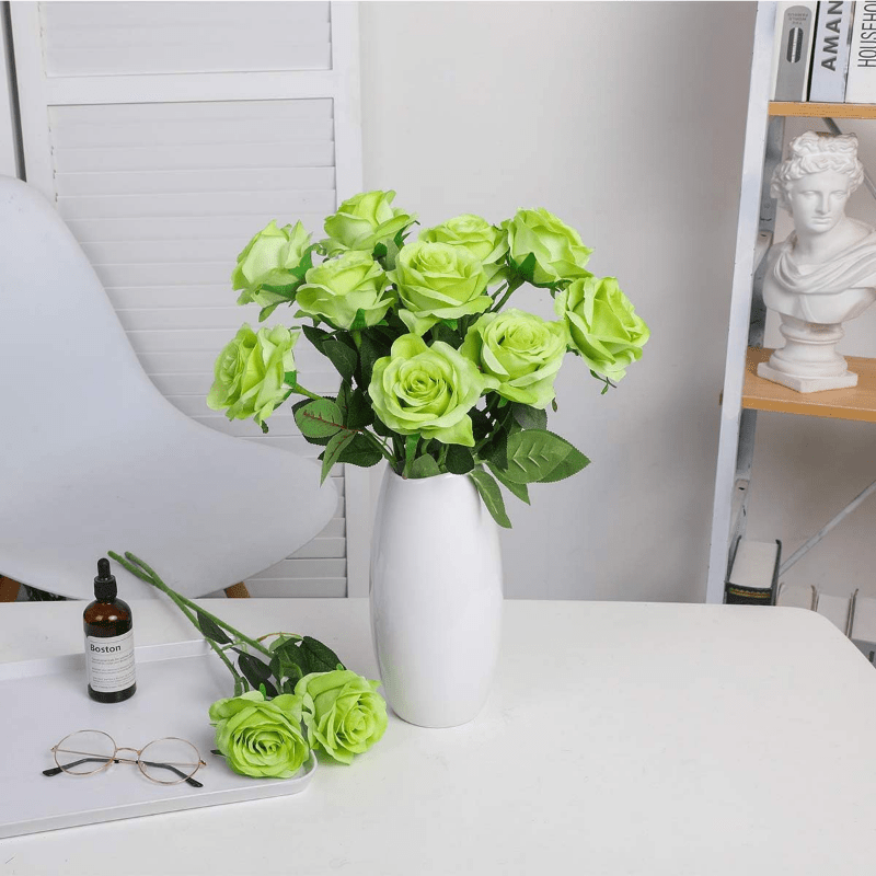 Green Artificial Flower Long Stem Silk Rose Real Touch - Temu