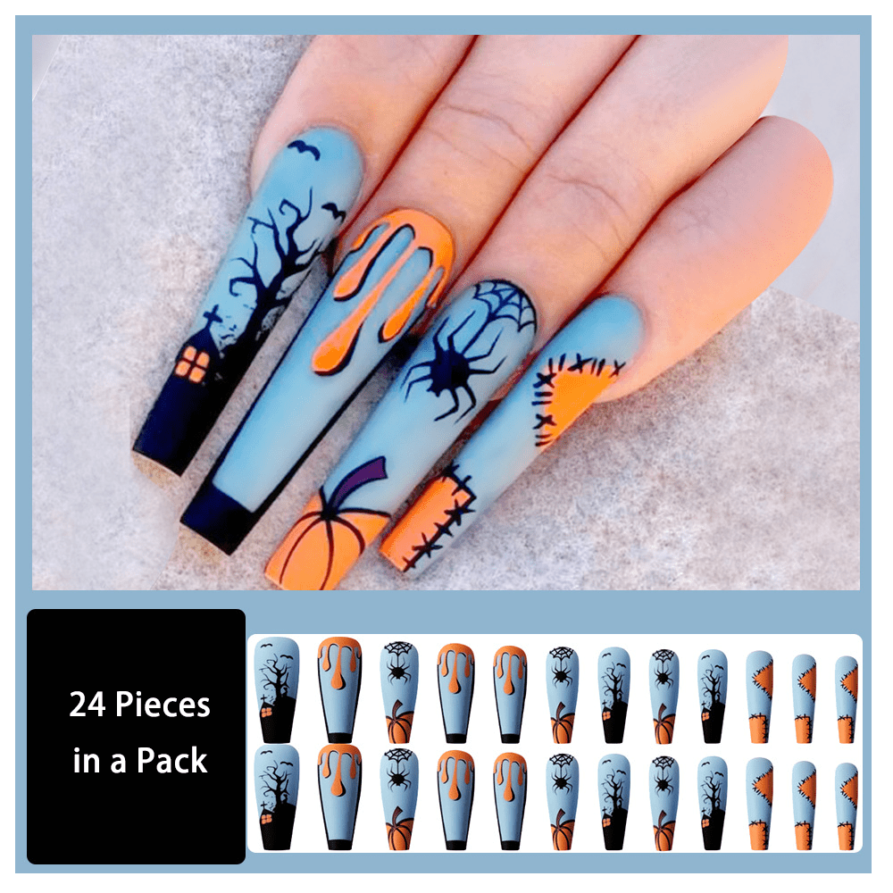 Extra Long Coffin Fake Nails, Halloween Press On Nails With Cute Ghost  Silvery Glitter Cobweb And Moon Spider Design, Glossy Glue On Nails For  Women Girls - Temu Belgium