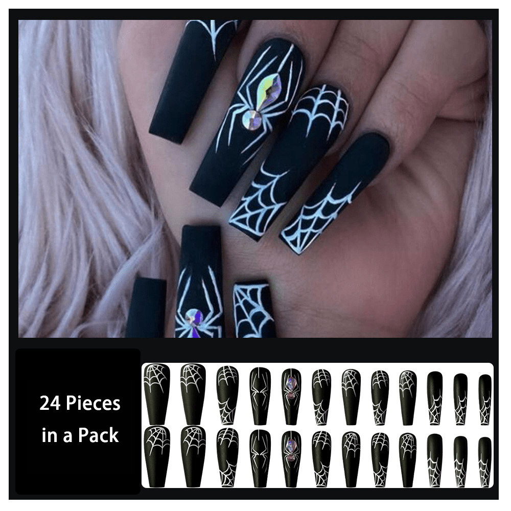 Extra Long Coffin Fake Nails, Halloween Press On Nails With Cute Ghost  Silvery Glitter Cobweb And Moon Spider Design, Glossy Glue On Nails For  Women Girls - Temu Belgium