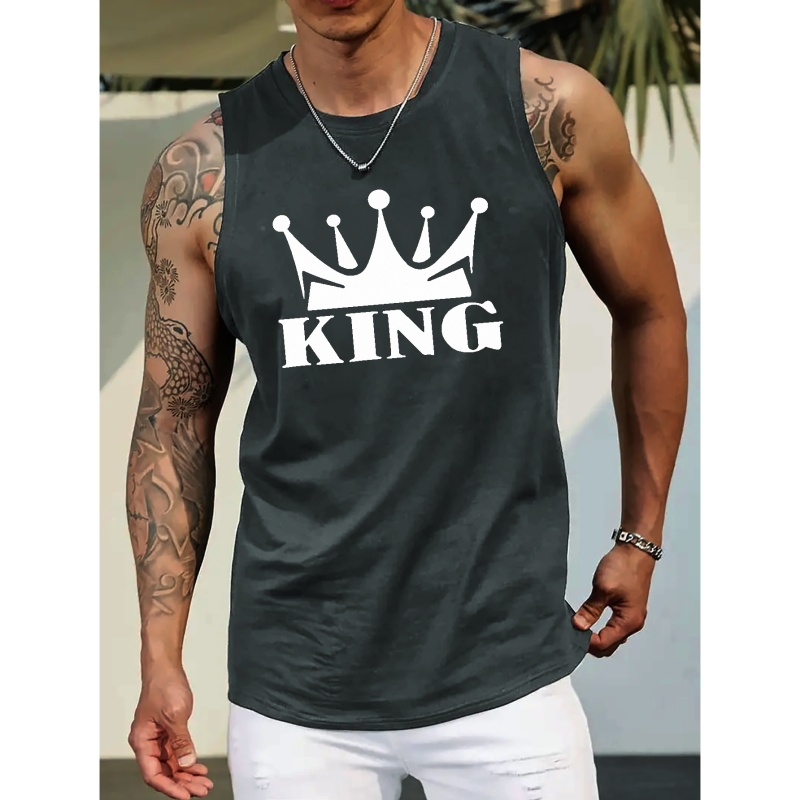 

Stylish "king" Pattern Print Men's Casual Tank Top Bottoming Fitness Training Sports Vest, Sleeveless T-shirt For Summer Plus Size