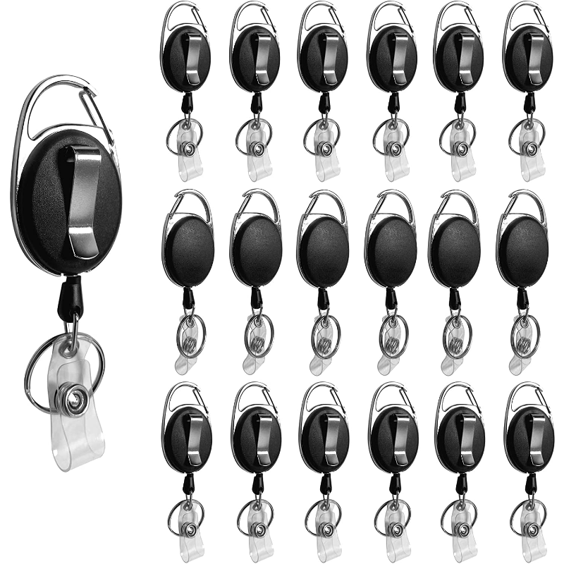 Retractable Badge Holder With Carabiner Reel Holder, Bulk ID Card Key Fob With Loop, Heavy Duty Black Key Chain Extender For Office Working