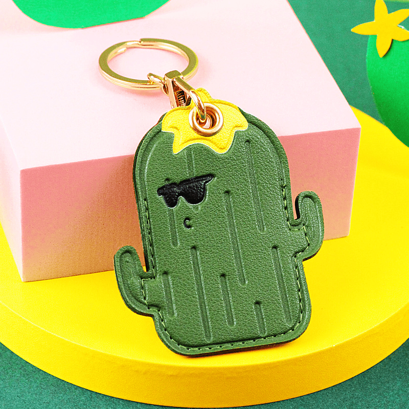 Punchy Cactus Tooled Leather Keychain