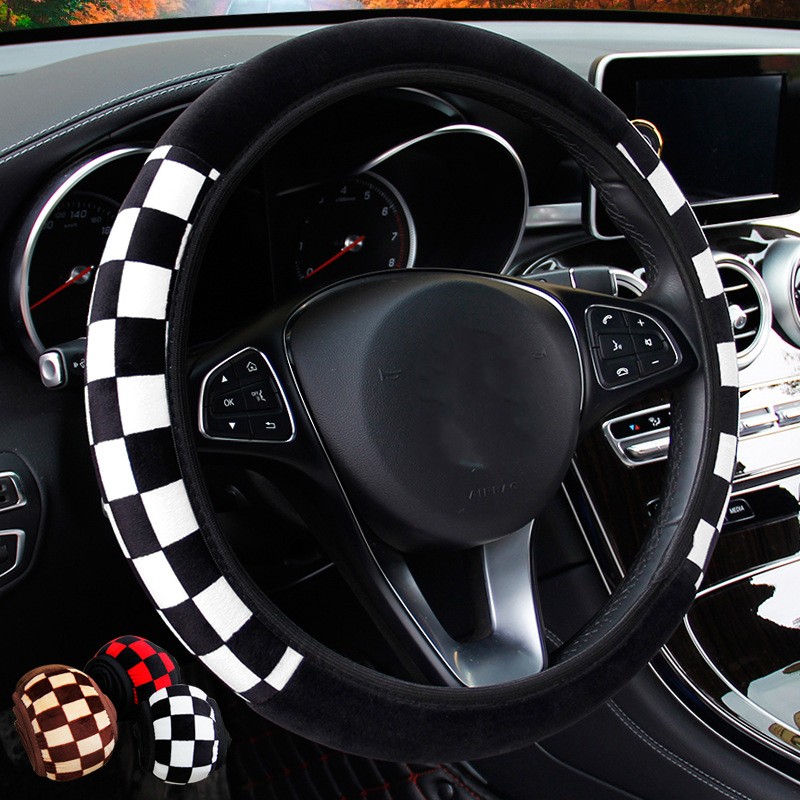

Add A Touch Of Style To Your Car Steering Wheel With This Checkered Plush Elastic Cover!