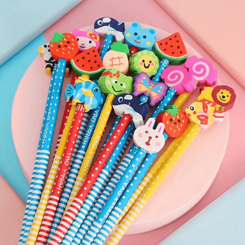 100 Pieces Animal Pencils Cartoon Pencils Kids Pencils with Erasers Fun  Wooden Animal Pencils Fancy Stripe Pencil with Cute Animal Eraser for  School