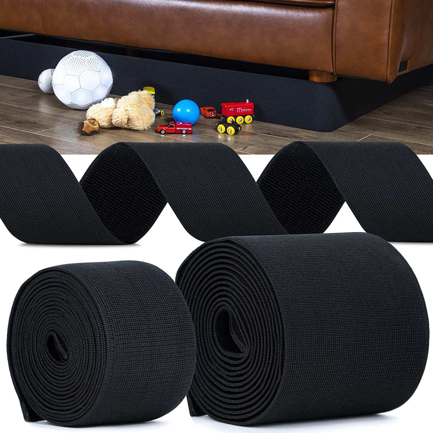 Toy Blocker for Under Couch, 4 Packs 19.7 Feet Under Couch Blockers Straps  for Toys (4 Rolls 78.8 Feet in Total), Under Sofa Gap Bumper Adjustable Toy  Stoppers Belt, Include 4 Adhesive Mounting Straps Black