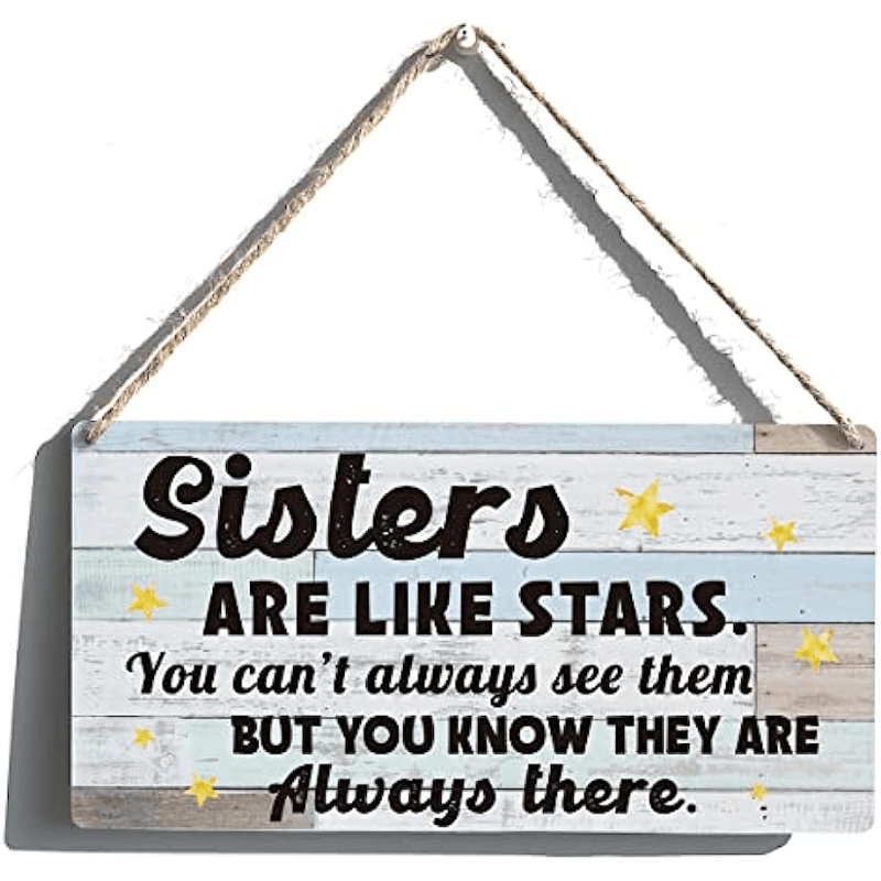 Charming Rustic Wooden Sign &quot;Sisters Are Like Stars&quot; - Easy-Hang Farmhouse Decor with Twine Rope, Distressed Light Blue &amp; White Striped Pattern, Perfect for Home &amp; Kitchen Wall Art