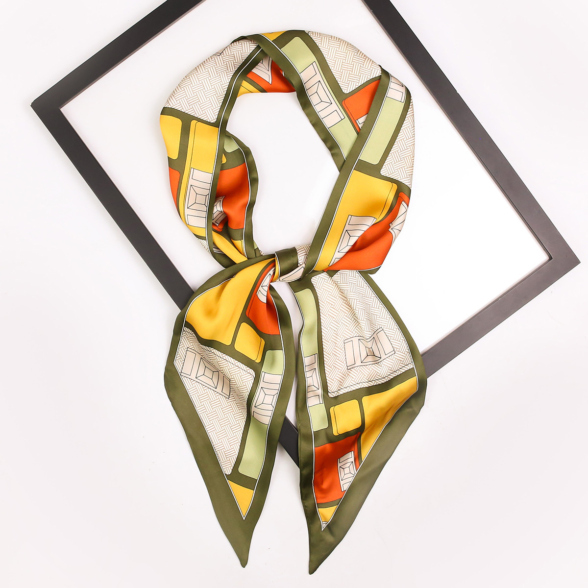 15 x 145cm Women Silk Feel Satin Scarf Geometric Print Head-Neck