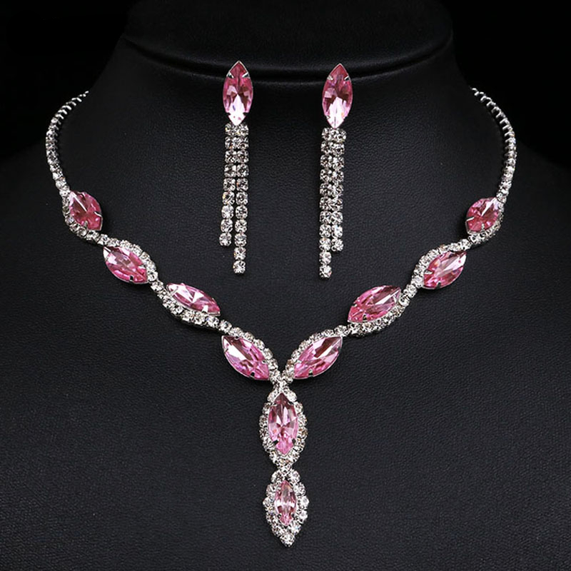 

3pcs Earrings Plus Necklace Elegant Jewelry Set Inlaid Rhinestone Multi Colors To Choose Pink Or Blue Make Your Call Evening Party Decor