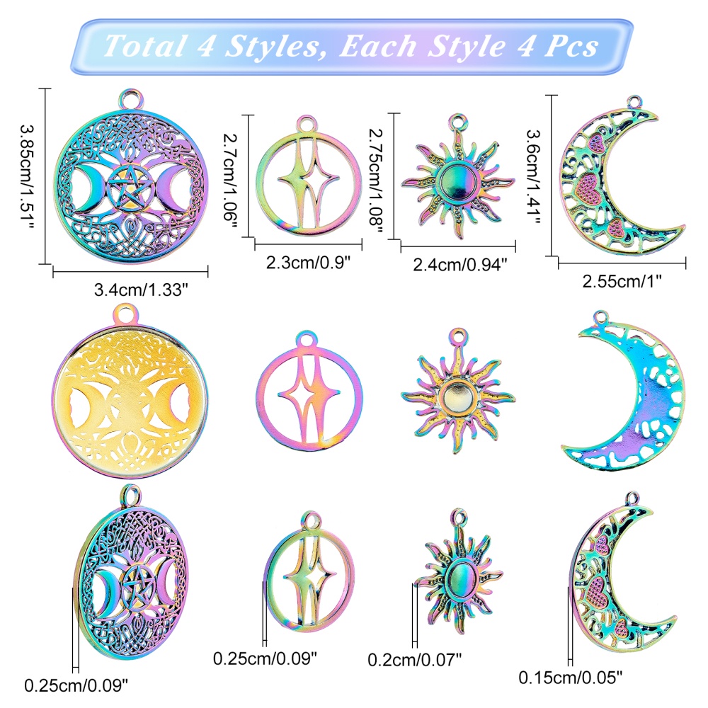 1Box 16Pcs 4 Style Rainbow Color Hollow Star & Moon & Sun Pattern Alloy  Pendants For DIY Earrings Bracelet Necklace And Any Other Accessories  Cadmium