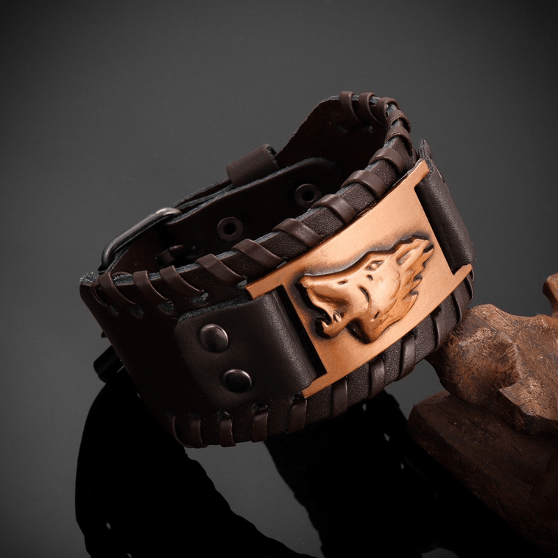 Brown Leather Wolf Bracelet