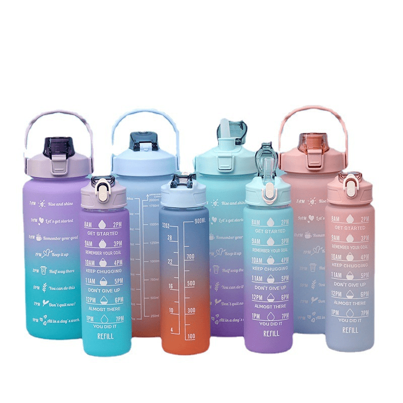  3 in 1 Pcs Set Water Bottle with Time Marker Straw  2000ml+900ml+700ml (Blue) : Sports & Outdoors