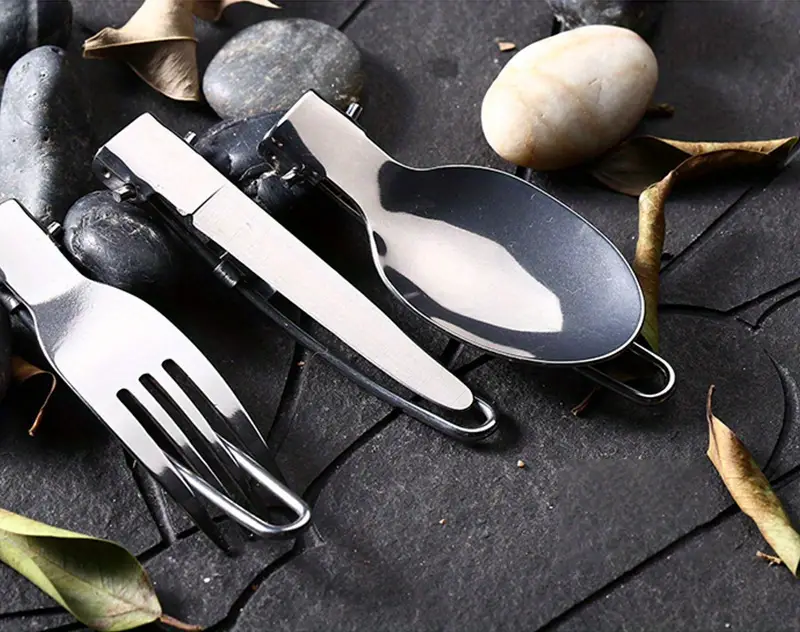 Foldable Tableware, Stainless Steel Portable Camping Picnic Folding Cutlery  Set Knife Fork Spoon with Bag for Camping Outdoors