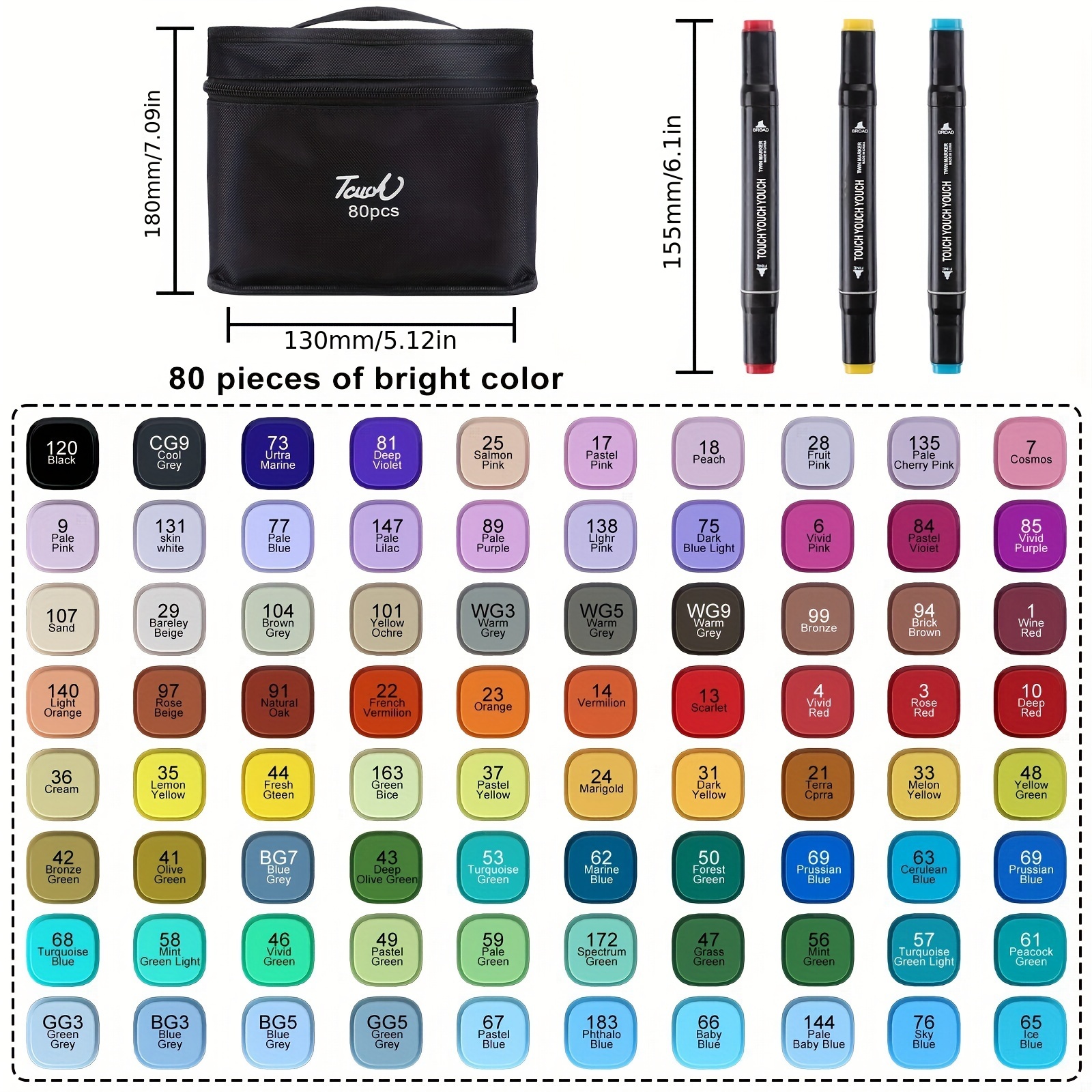 Thatcolor 80 Colors Alcohol Brush Markers with Storage Zipper Bag Dual Tips Markers  Set for Adult & Kids, Drawing Markers Brush Art Pen Manga for Drawing  Coloring with 1 Blender, White 