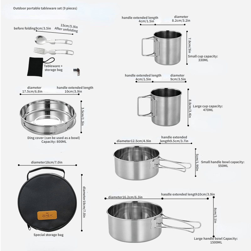 Outdoor Camping Pot Set 304 Stainless Steel Bowl Picnic Tableware