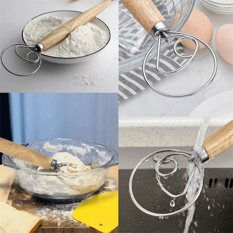 Pack of 2 Danish Dough Whisk Blender Dutch Bread Whisk Hook Wooden Hand  Mixer Sourdough Baking Tools for Cake Bread Pizza Pastry Biscuits Tool