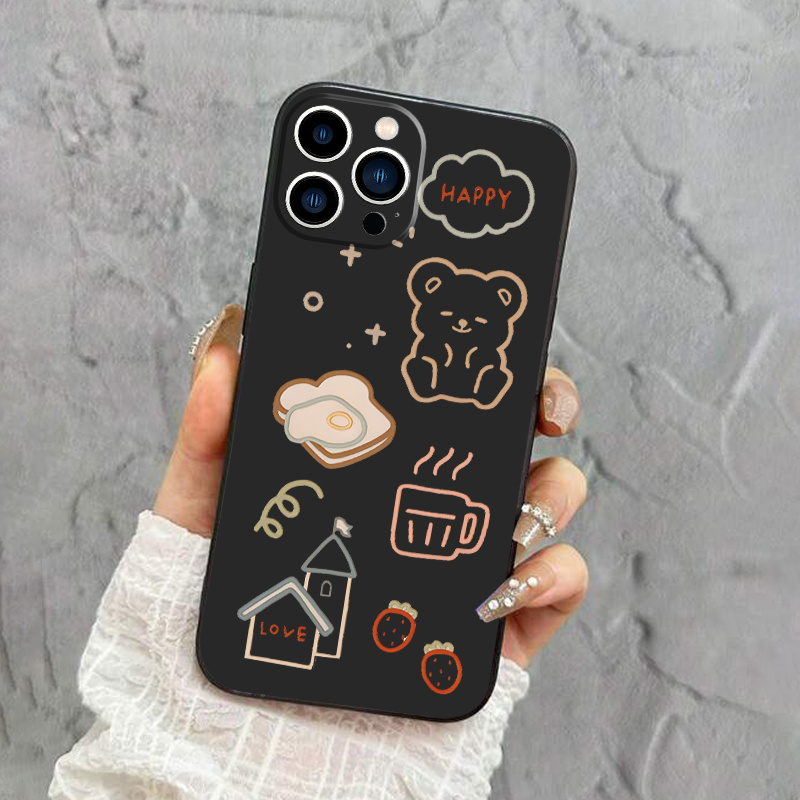 Black White Line Bear Phone Case Iphone 14 13 12 11 Pro Max - Temu