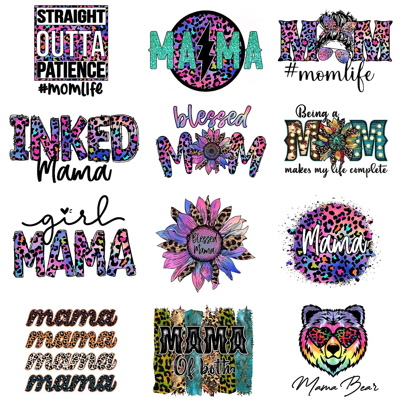 

12pcs Inked Mama Iron On Decals For Clothing Blessed Mama Iron On Patches Sunflower Washable Diy Heat Transfer Stickers For T-shirt Jean