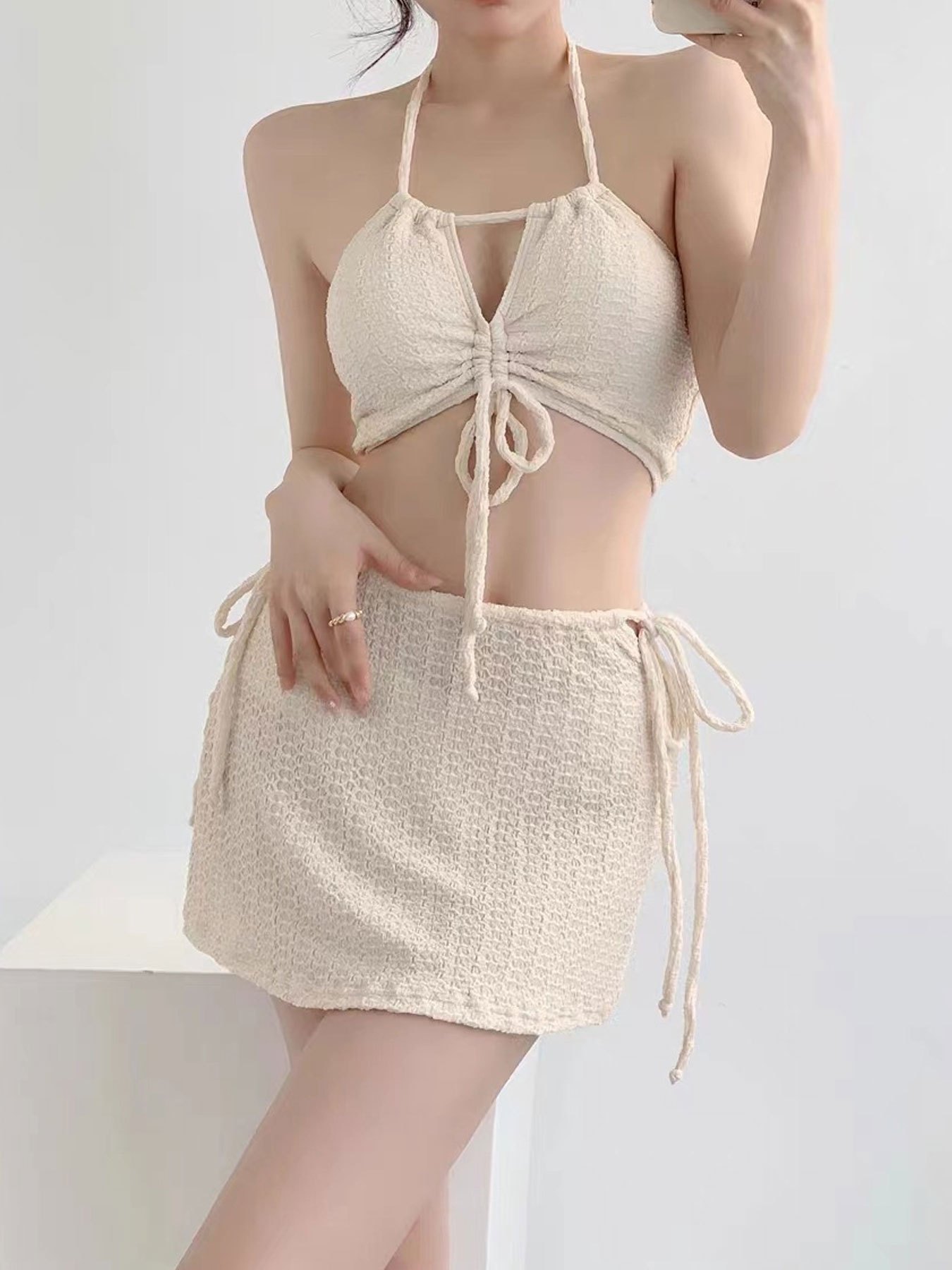 Plus Size Solid Rib Knit Bikini Set Cover Skirts Women's - Temu