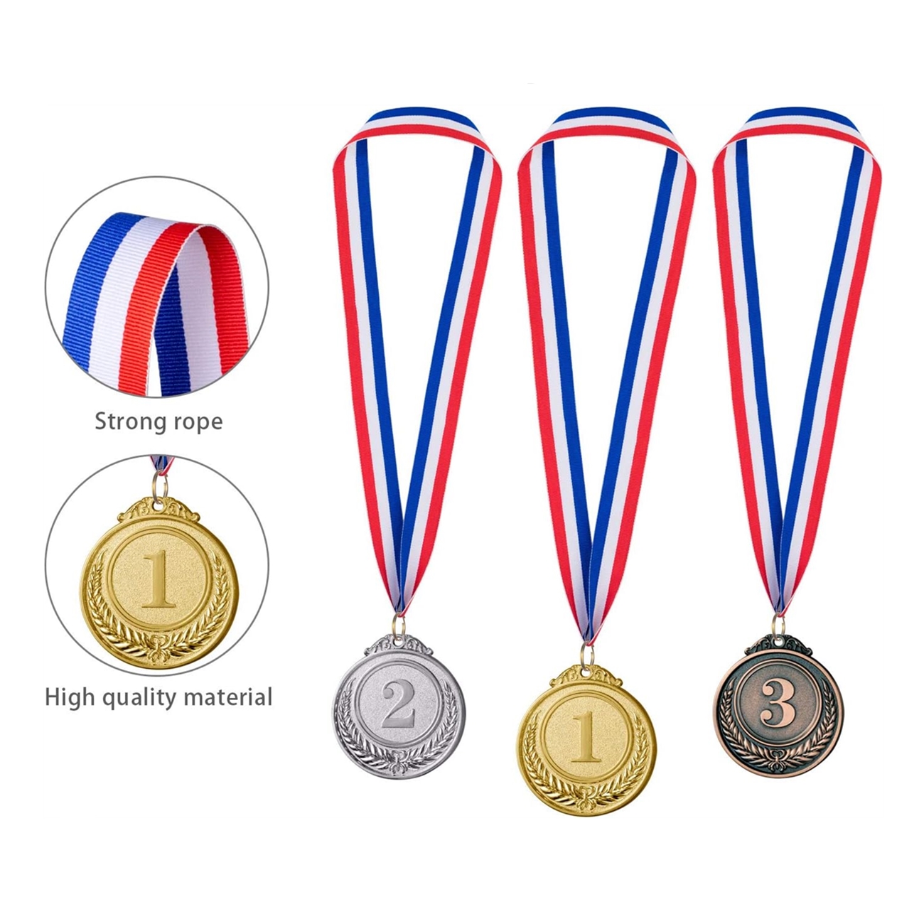 Trophee - Limics24 - 12 Médailles Récompense Métal Doré Argenté Bronze  Ruban Cou Vainqueur Style Olympique Dorées