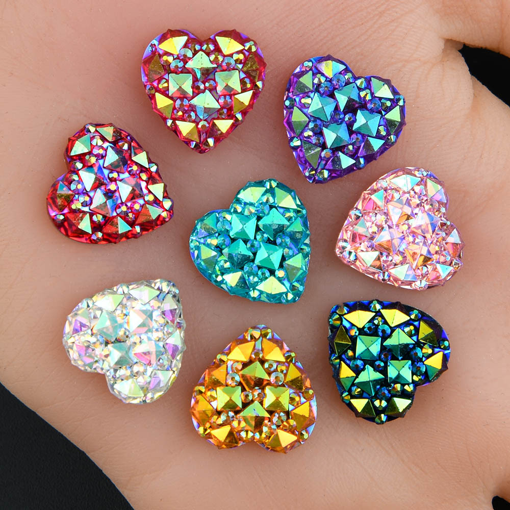 Image of 16pcs 1.6cm/0.63in Resin Rhinestones Color Ore Surface Heart Shape For Crafts Jewelry Making Wedding Embellishment Diy Appliques Setting Bezel Tray Pendant Charms