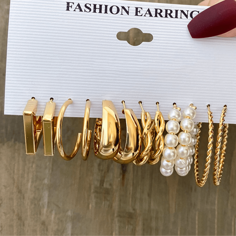 

6 Pairs Golden/ Silvery Hoop Earrings Set With Faux Pearl Decor Retro Japanese/ Korean Style Alloy Jewelry Delicate Female Gift