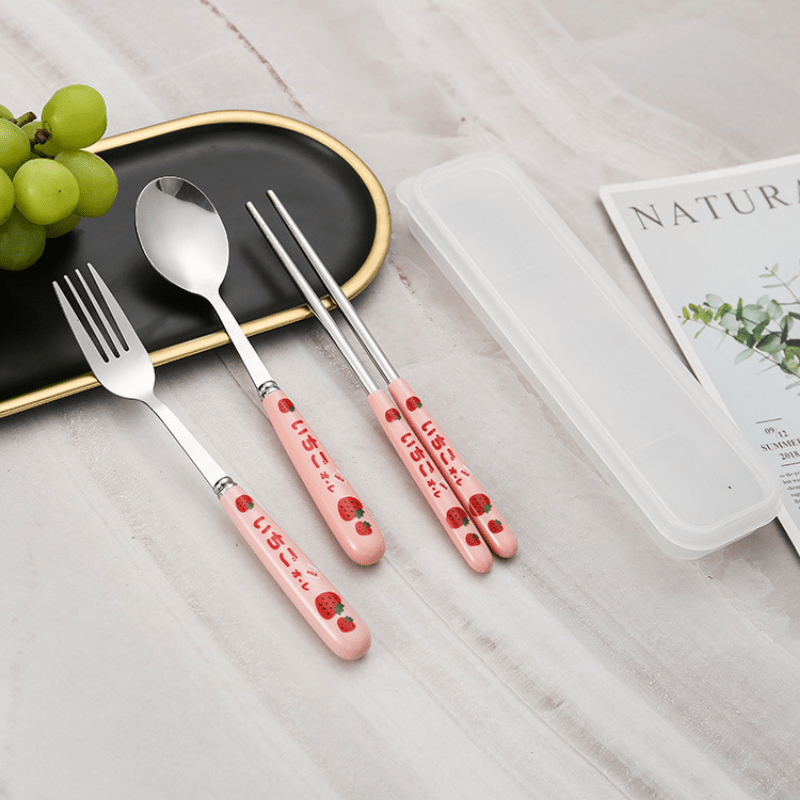 Portable Cute Strawberry Chopsticks Spoon Fork With Case Tableware