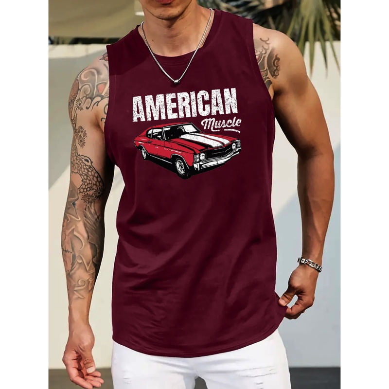 

Stylish "american Vintage Car" Pattern Print Men's Casual Tank Top Bottoming Fitness Training Sports Vest, Sleeveless T-shirt For Summer Plus Size