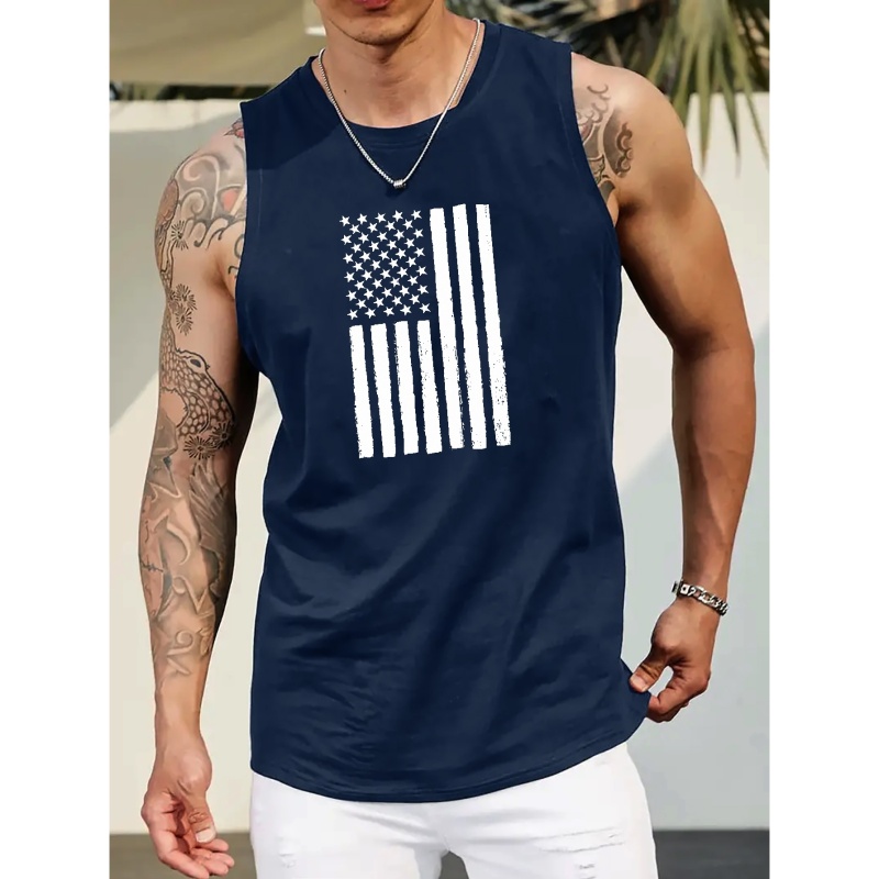 

Plus Size Men's Summer Tank Top: Stylish "the Flag Of Usa" Pattern Print For Casual Fitness Training