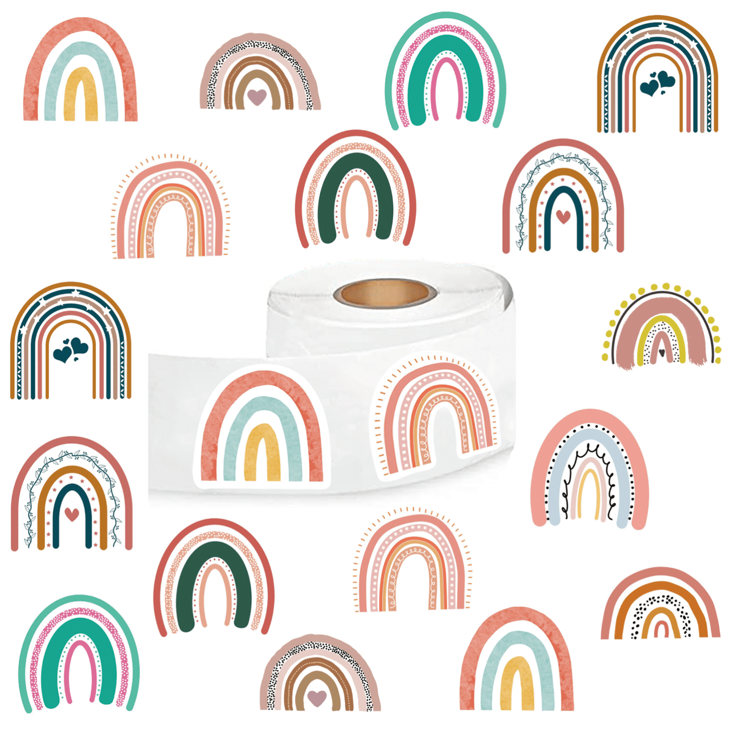 

500pcs Boho Rainbow Stickers, Cute Aesthetic Decals Rolls Self Adhesive Seals For Scrapbooking Cards Envelopes Handmade, Gifts For Teens Adults Party Supply (1 Inch Labels/ 10 Patterns)